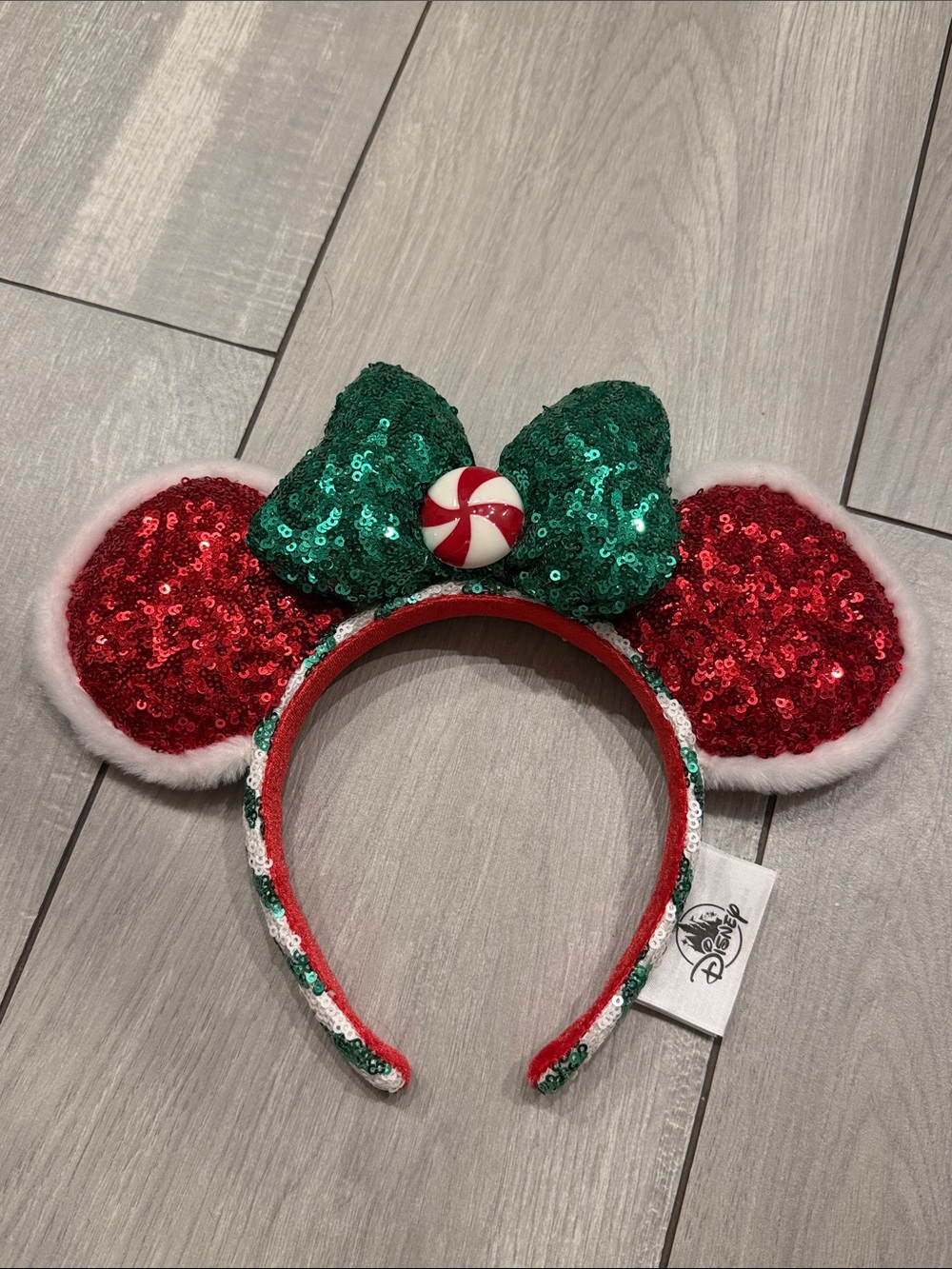 DISNEYLAND Red Sequin Minnir Mouse Ears Headband with Green Bow and Peppermint